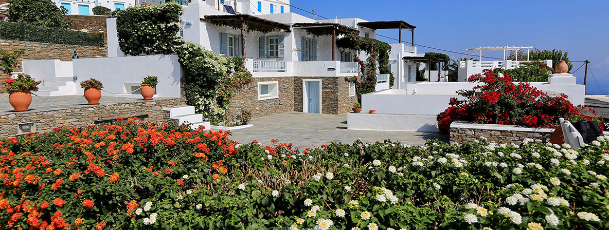Flowering garden at Petali Village Hotel in Sifnos